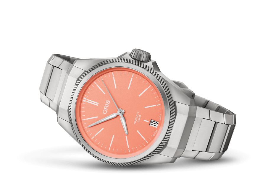Oris ProPilot X Calibre 400 watch met koraalroze wijzerplaat en roestvrijstalen band. Swiss Made herenhorloge voor dames en heren.