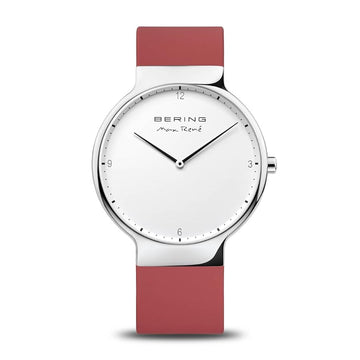 Bering Herenhorloge met Grijs RVS Kast en Opvallende Rode Siliconenband - 37-40mm