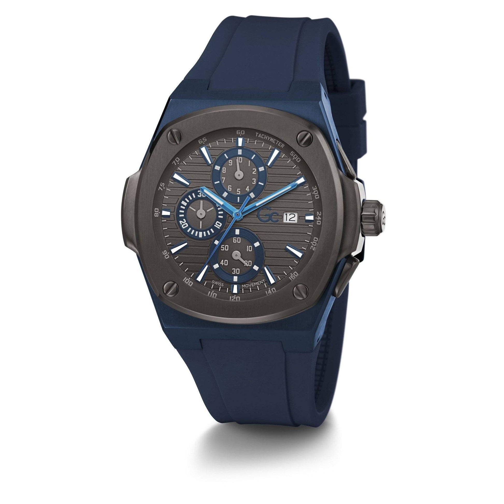 Gc Herenhorloge 44mm - Shape Y99004G5MF met blauwe siliconen band en zwart chronograaf uurwerk, Swiss Made precisie voor moderne heren.