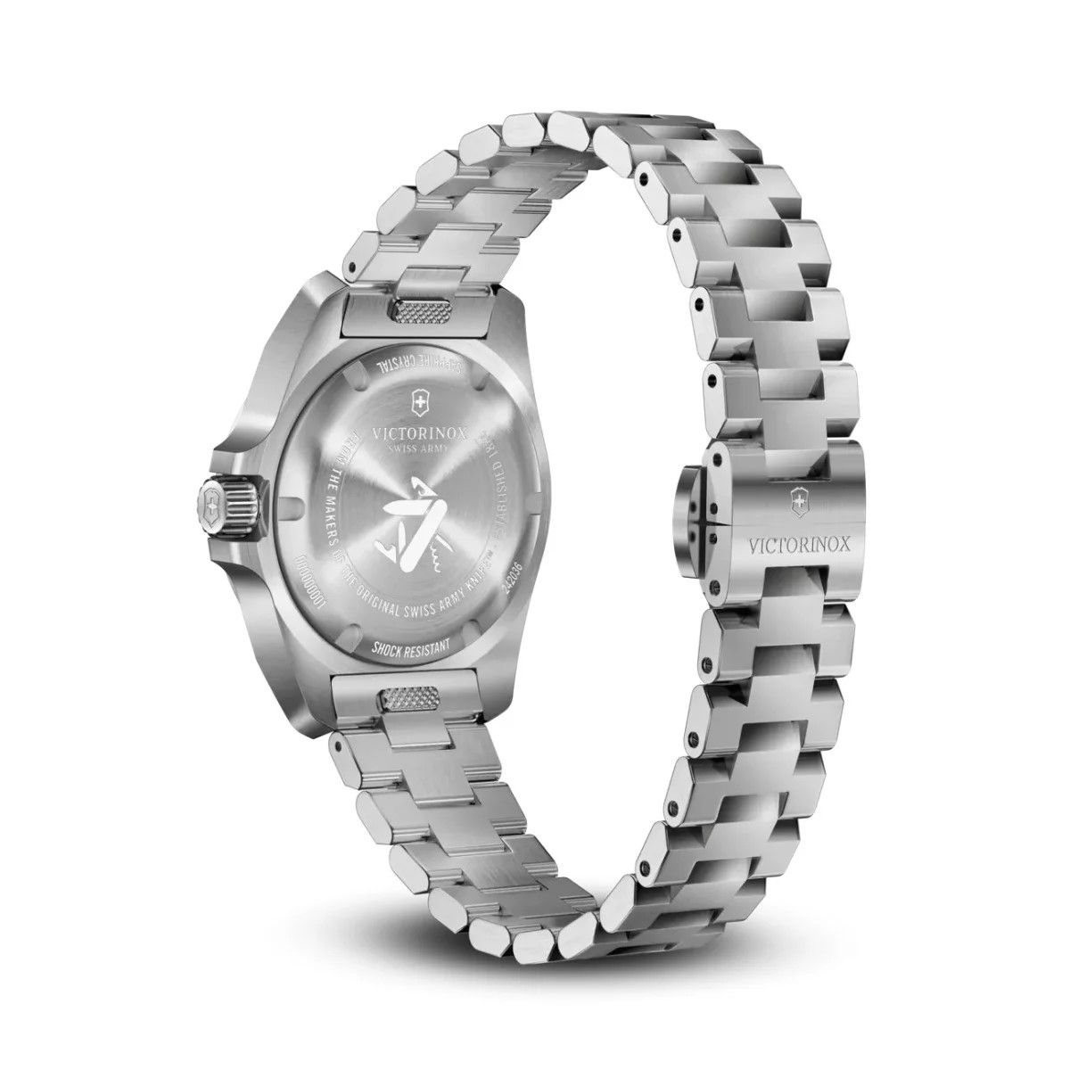 Victorinox Dameshorloge 32mm I.N.O.X. Small met roestvrijstalen schakelband en gegraveerde achterzijde, Zwitsers design voor dames.