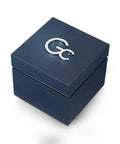 Luxe blauwe horlogedoos met zilverkleurig Gc-logo, perfect voor het Gc Dameshorloge 34mm - Classic Collection Z38001L9MF.