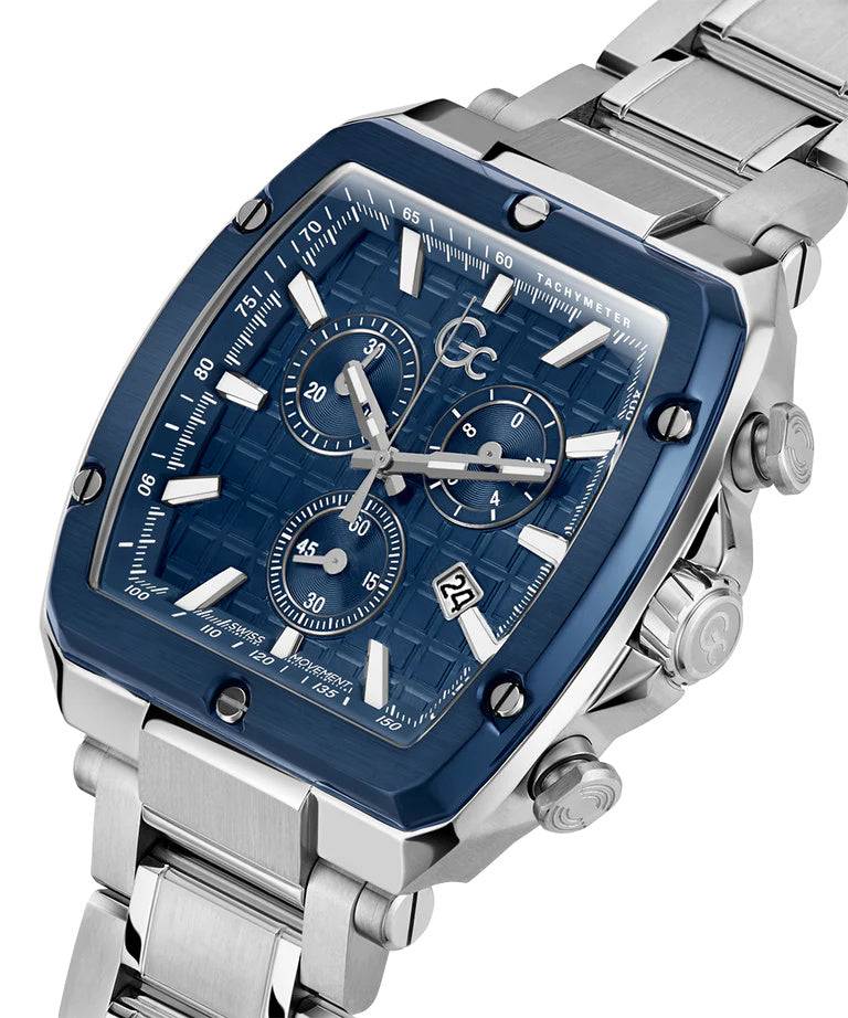 Gc Herenhorloge 44mm - Tonneau Z18002G5MF met blauwe wijzerplaat en zilverkleurige roestvrijstalen band, Swiss Made chronograaf.