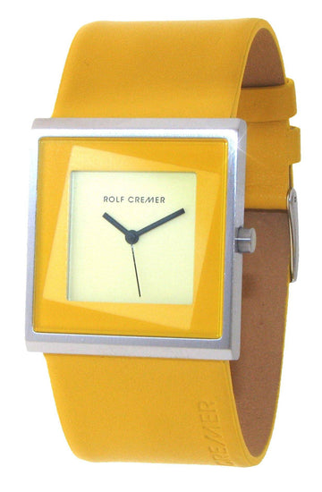 Rolf Cremer dameshorloge Yess 507205 34mm met vierkante gele wijzerplaat en brede gele band. Elegante stijl voor moderne vrouwen.