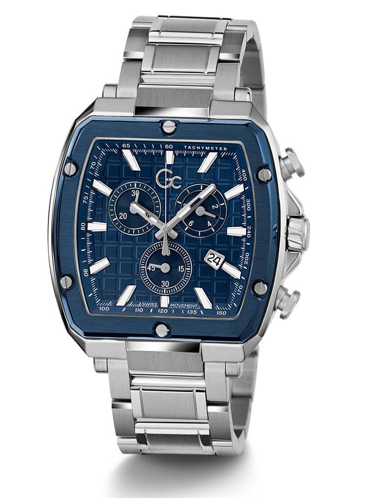 Gc Herenhorloge 44mm - Tonneau Z18002G5MF met blauwe wijzerplaat en zilverkleurige roestvrijstalen band. Luxe Swiss Made chronograaf voor heren.