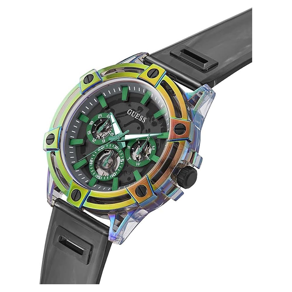 Guess Trend King Herenhorloge XL 48mm met transparante kast, regenboogkleurige bezel en zwarte siliconen band, ideaal voor een moderne look.