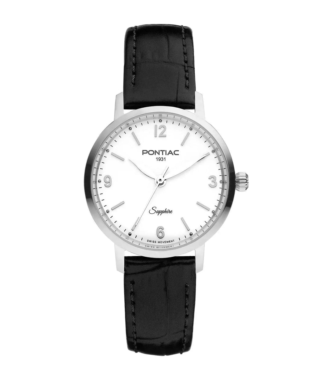 Pontiac Dameshorloge 30mm - Stijlvolle Vrouwenhorloge met zilverkleurige wijzerplaat en zwart leren bandje. Elegant dames horloge voor dagelijks gebruik.