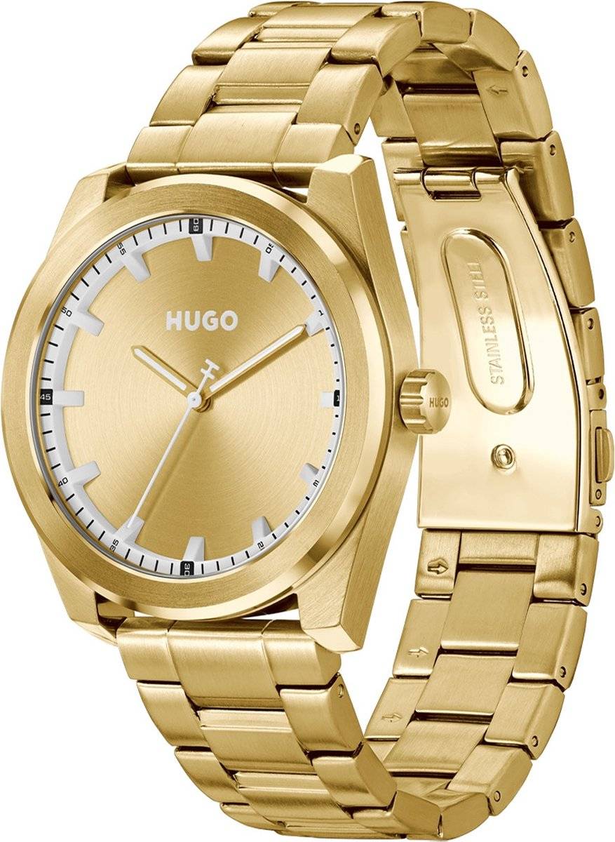 Hugo Boss Orange Bright HU1530354 herenhorloge 42mm in goudkleurig roestvrij staal met minimalistisch design en schakelband. Luxe accessoire voor herenmode.