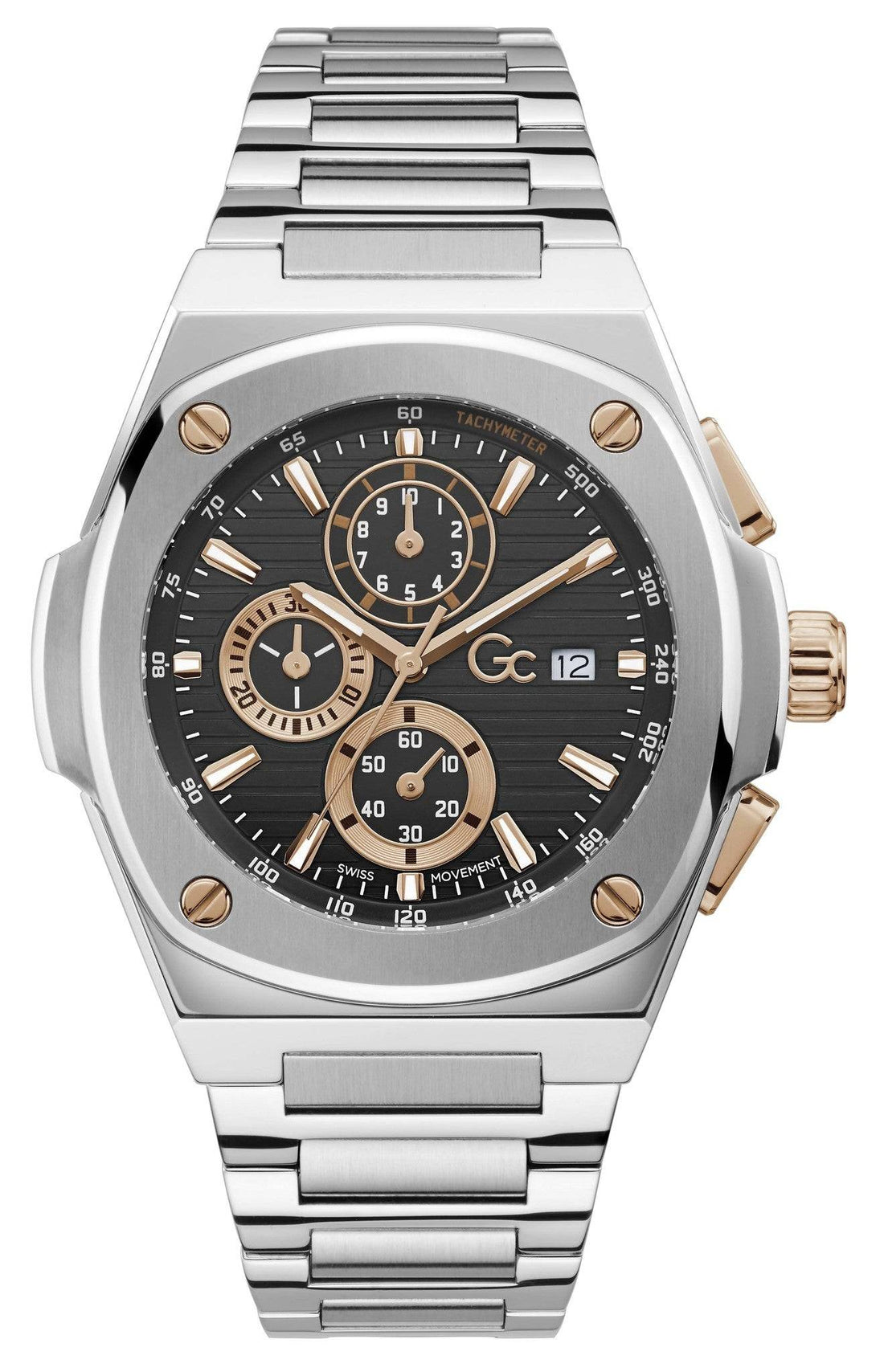 Gc Herenhorloge Shape 44mm Y99001G2MF met zilveren en roségouden accenten, chronograafwijzerplaat en roestvrijstalen band. Luxe Swiss Made horloge voor heren.