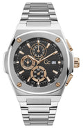 Gc Herenhorloge Shape 44mm Y99001G2MF met zilveren en roségouden accenten, chronograafwijzerplaat en roestvrijstalen band. Luxe Swiss Made horloge voor heren.