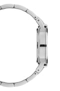 Zijaanzicht van de Daniel Wellington Iconic Link Capri 32mm dames horloge met zilverkleurige schakelband en slanke kast. Elegant en tijdloos design.