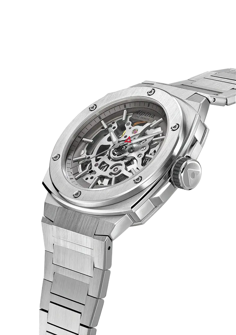 Alpina Alpiner Extreme Herenhorloge 41mm met skeleton wijzerplaat en roestvrijstalen band. Swiss Made automatisch horloge voor heren.