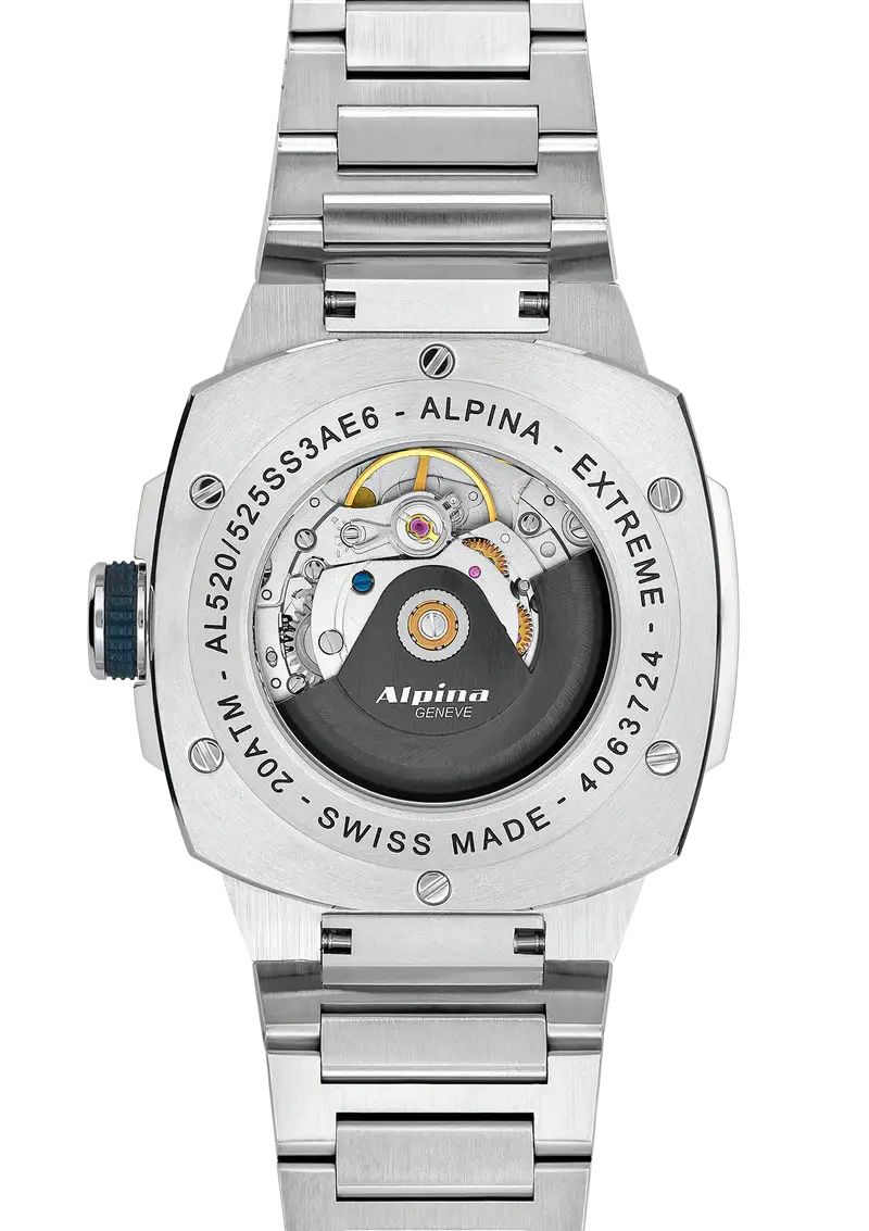 Achterkant van de Alpina Alpiner Extreme Herenhorloge 40mm met zichtbare Zwitserse automatische uurwerk en roestvrijstalen band. Swiss Made kwaliteit voor heren.