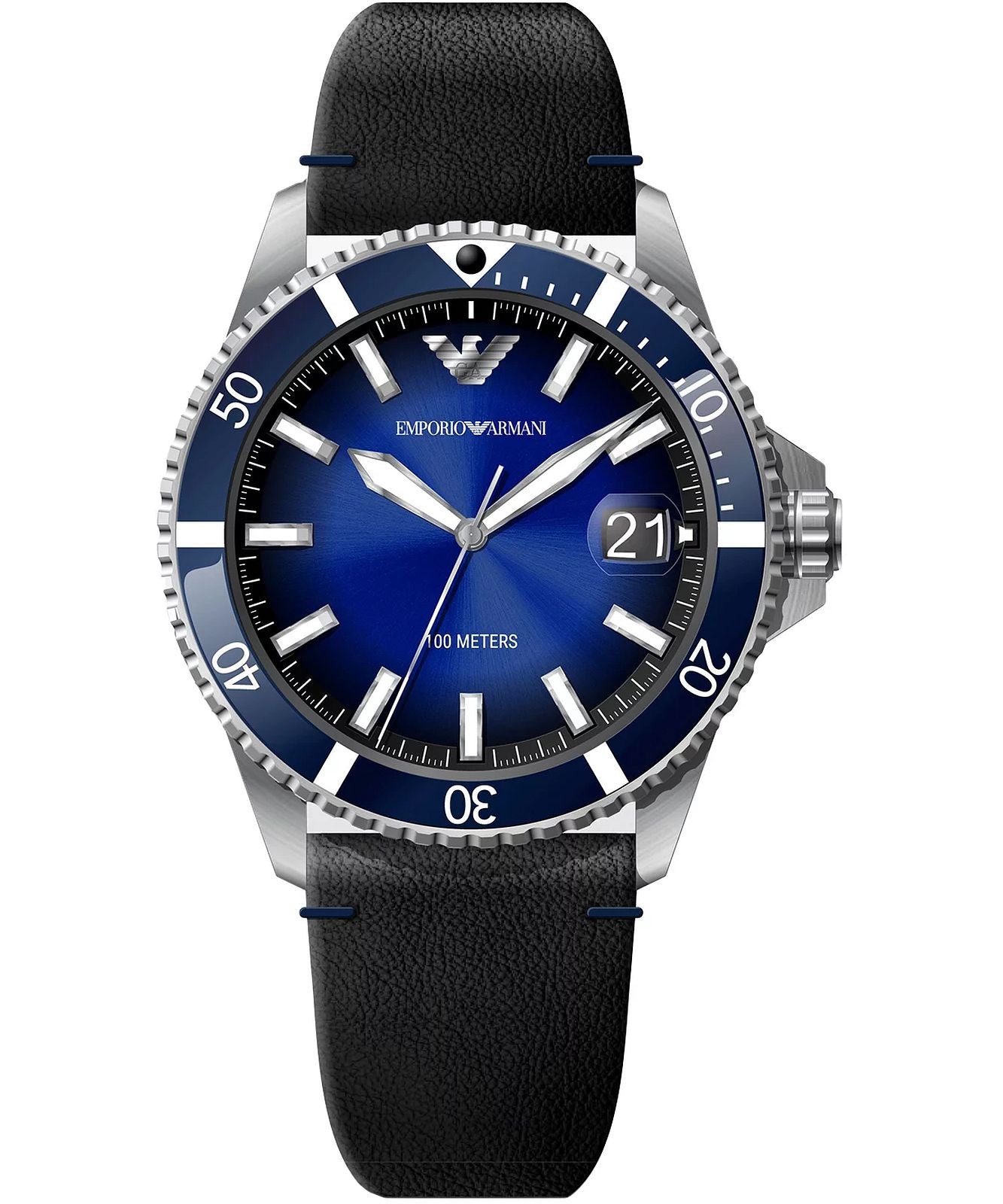 Armani Herenhorloge AR11516 - Grijs RVS Kast, Zwart Leer, Blauwe Wijzerplaat, 41-45mm
