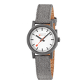 Mondaine Dameshorloge 32MM - Essence Kunststof met grijze textielband en minimalistisch Zwitsers design. Duurzaam horloge voor dagelijks gebruik.