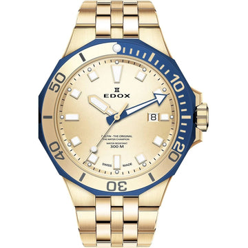 Edox Delfin 53015 357JBUM DI Heren Duikhorloge 43mm met goudkleurige roestvrijstalen band en blauwe duikring, waterdicht tot 300 meter.