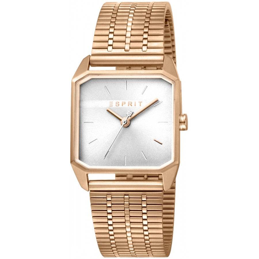 Esprit Cube Mini Dameshorloge 25mm - ES1L071M0035 met roségouden schakelband en vierkante kast, ideaal voor dagelijks stijlvol gebruik.