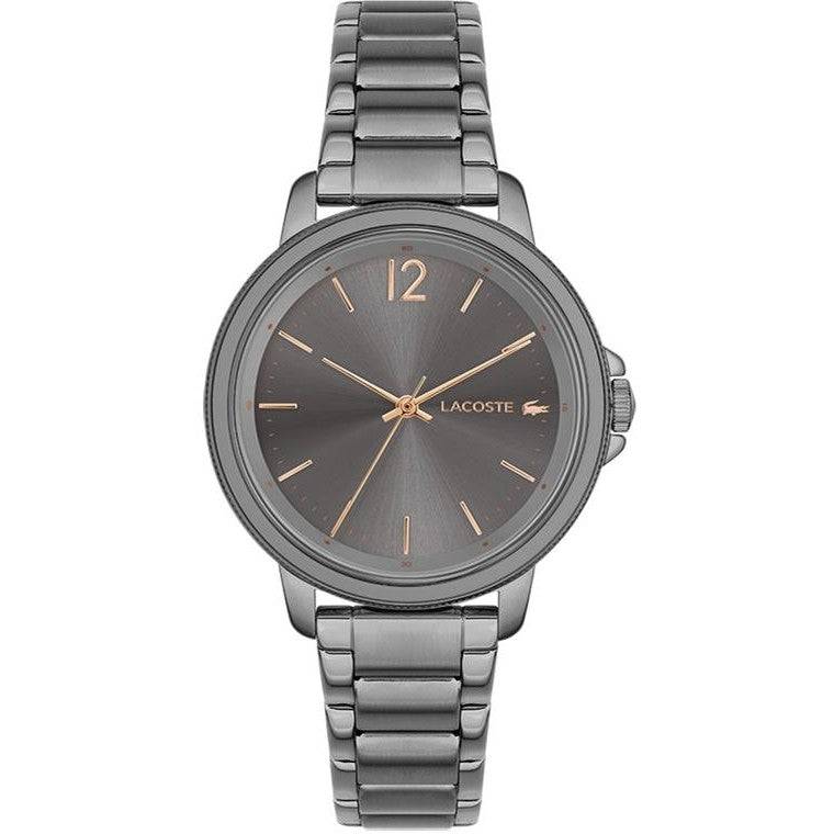 Lacoste horloge dames - LC2001220 met grijze metalen band en roségouden accenten, elegant dameshorloge van 38mm voor stijlvolle gelegenheden.