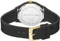 Achterkant van Lacoste Dameshorloge 36mm - Crocodelle Band met zwarte siliconen crocodelle-structuur en goudkleurige gesp, waterdicht tot 5 ATM.