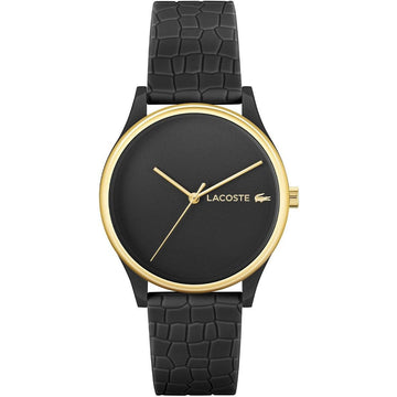 Lacoste Dameshorloge 36mm - Crocodelle Band met zwarte wijzerplaat, goudkleurige accenten en reliëf crocodelle-band. Waterdicht en quartz uurwerk.