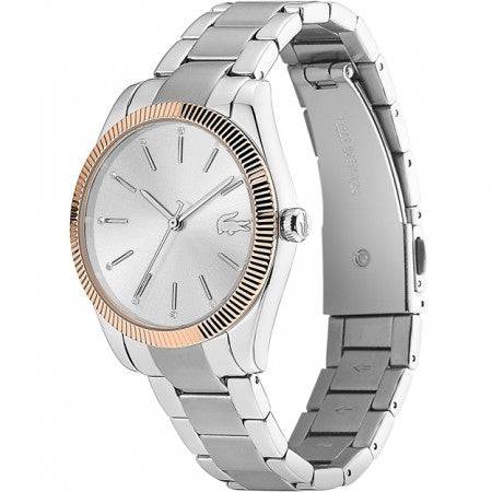 Lacoste Dameshorloge 36mm - Lacoste Parisienne met zilverkleurige schakelband en roségouden bezel. Elegant luxe design voor dames.