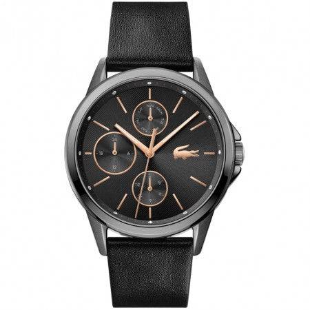 Lacoste Dameshorloge FLORENCE LC2001109 met zwarte leren band en roségouden accenten. Elegant 40mm horloge voor dames, ideaal voor elke gelegenheid.