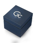 Luxe blauwe Gc horlogedoos met zilverkleurig logo, perfect voor het Gc Herenhorloge 44mm - Shape Y99004G5MF. Ideaal als cadeauverpakking of opslag.