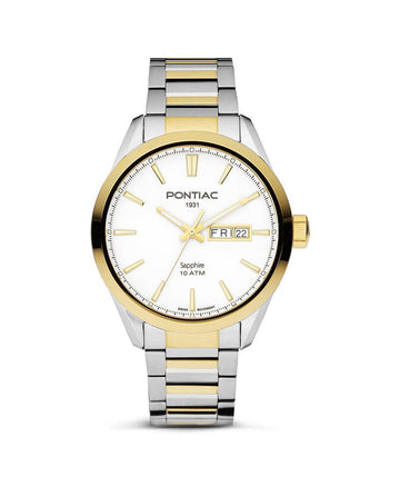 Pontiac Victor Herenhorloge 42mm in bi-color met goud- en zilverkleurige schakelband en witte wijzerplaat. Luxe Swiss Made horloge voor heren.