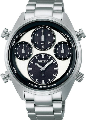 Seiko SFJ001P1 herenhorloge met 42mm kast en chronograaf, zilverkleurige roestvrijstalen band en zwarte wijzerplaat met meerdere subdials.