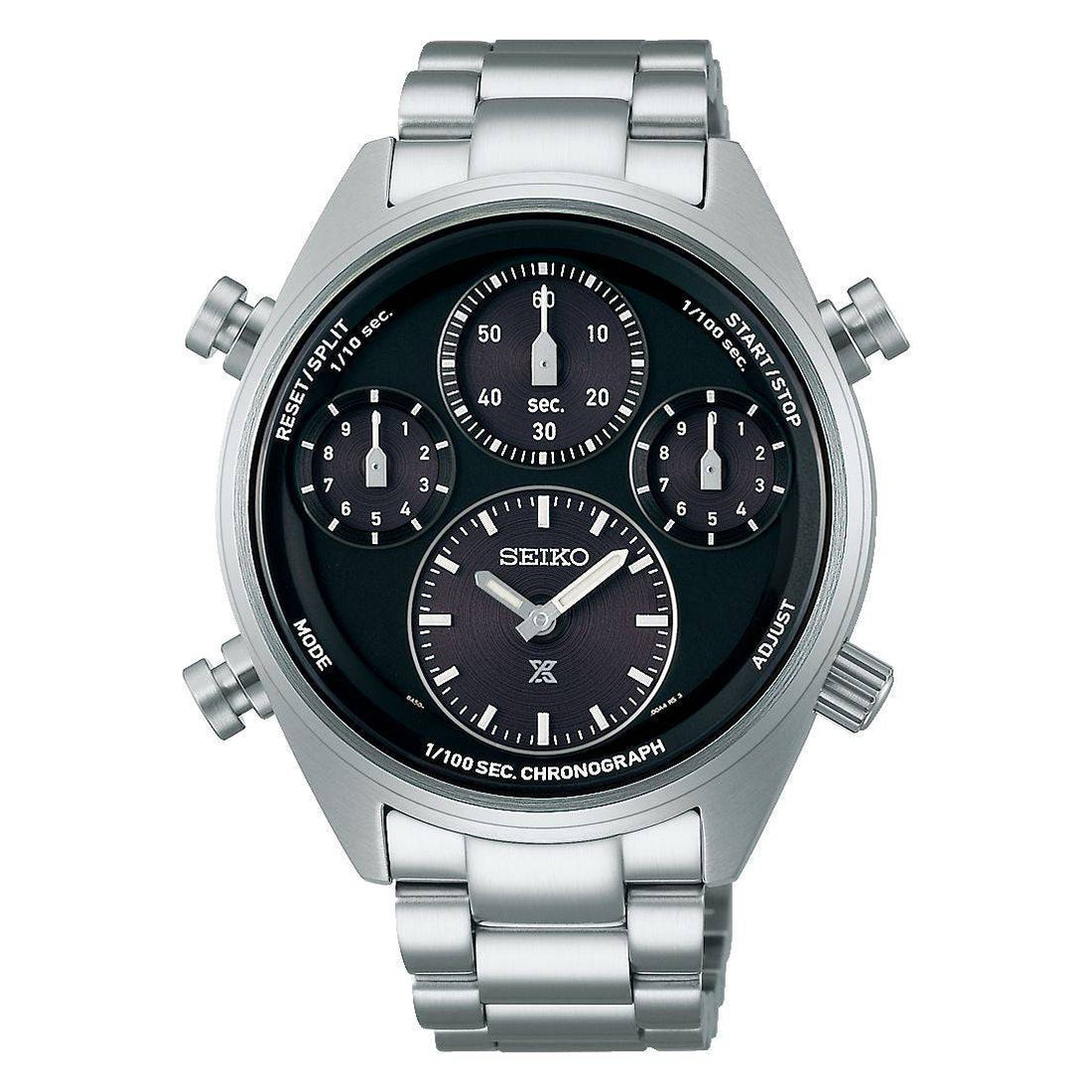 Seiko SFJ003P1 herenhorloge 42mm met zilveren roestvrijstalen band en zwarte chronograaf wijzerplaat. Stijlvol Seiko herenhorloge voor elke gelegenheid.
