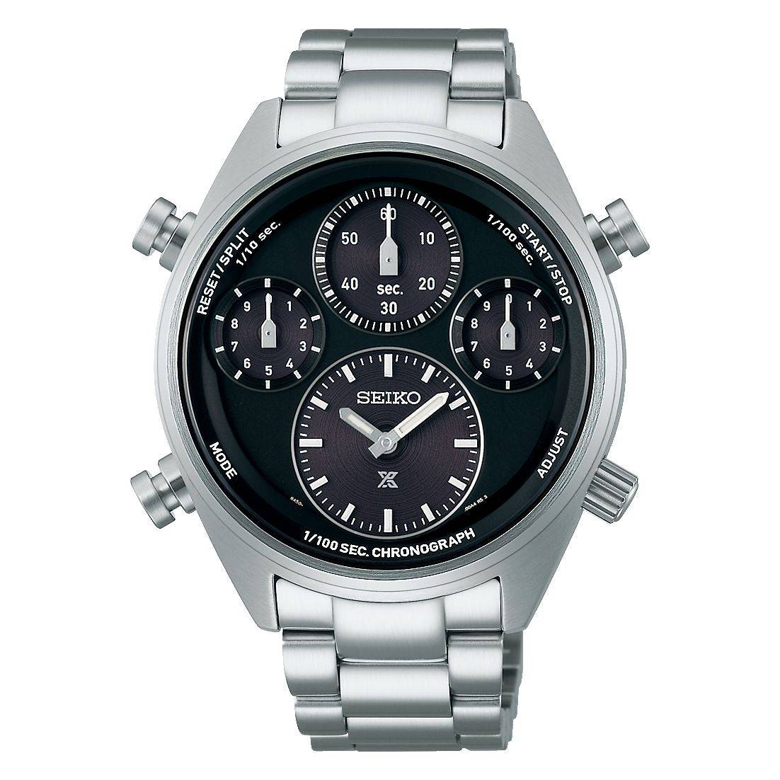 Seiko SFJ003P1 herenhorloge 42mm met zilveren roestvrijstalen band en zwarte chronograaf wijzerplaat. Stijlvol Seiko herenhorloge voor elke gelegenheid.
