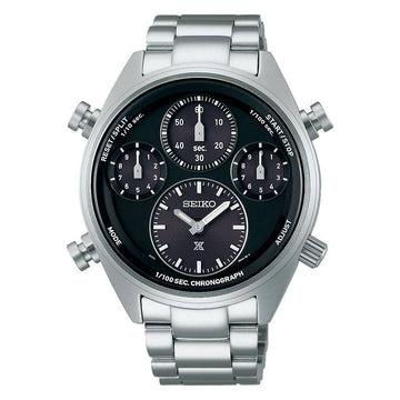 Seiko SFJ003P1 herenhorloge 42mm met zilveren roestvrijstalen band en zwarte chronograaf wijzerplaat. Stijlvol Seiko herenhorloge voor elke gelegenheid.