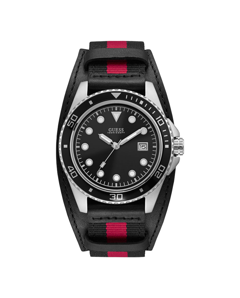 Guess Herenhorloge Zwart Lederen Band Zilverkleurige Kast 41-45mm