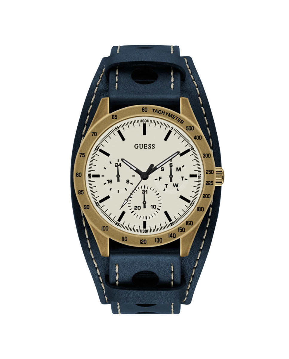 Guess Herenhorloge met Goudkleurige Kast en Blauwe Leren Band - 41-45mm
