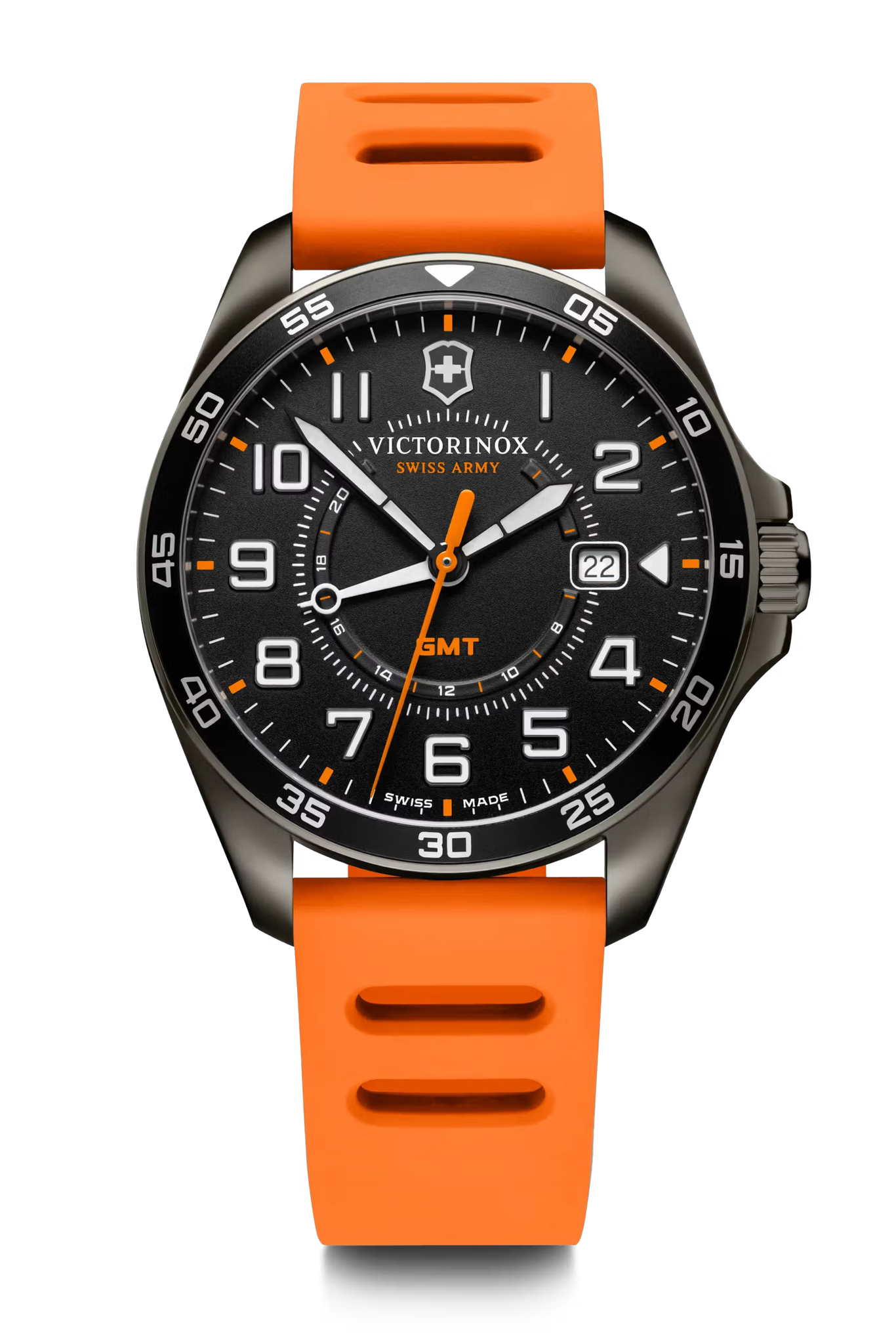 Koop Victorinox Fieldforce 241897 Horloge 42mm met oranje rubberen band en zwarte wijzerplaat met chronograaf. Swiss Made herenhorloge met datumfunctie.
