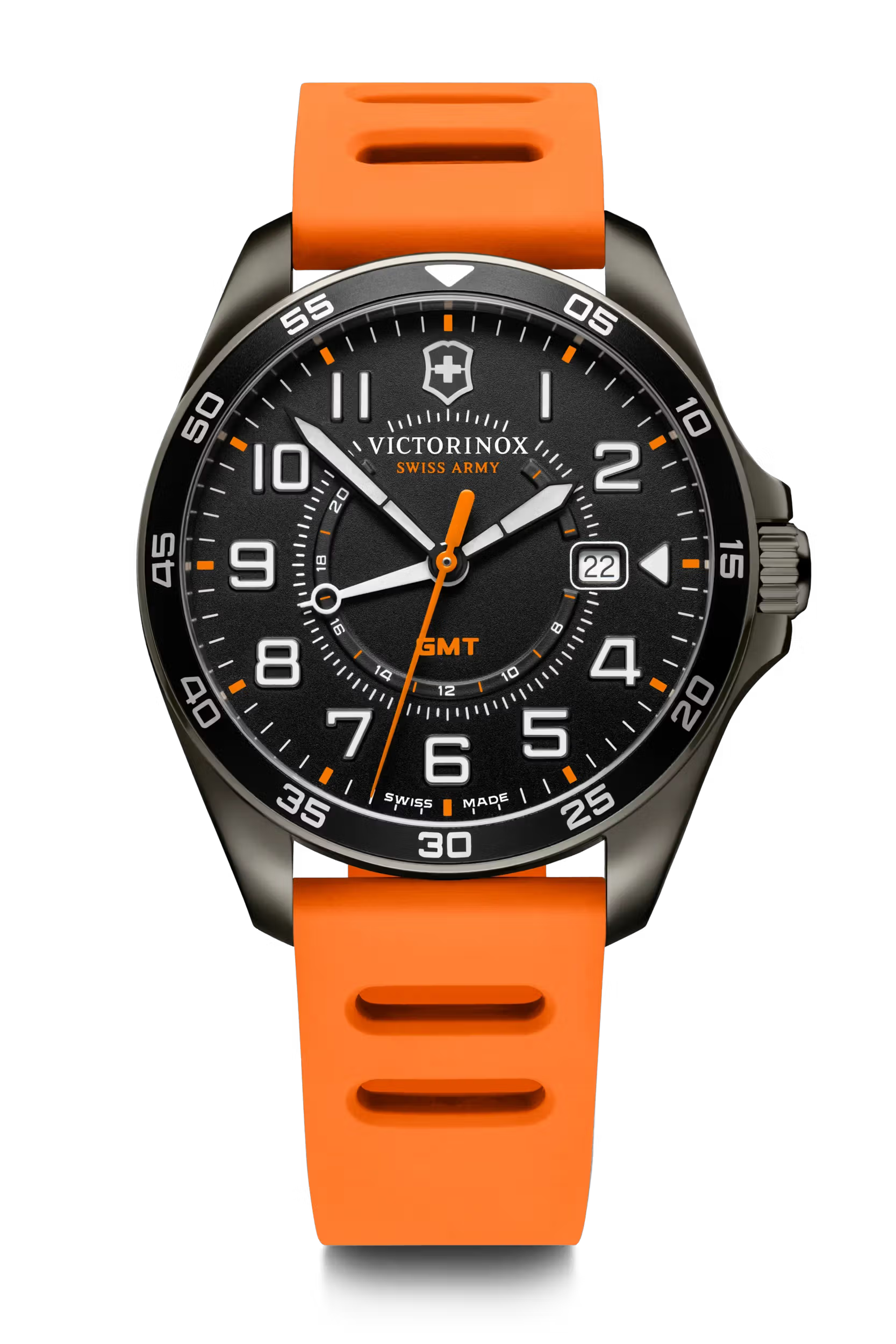 Koop Victorinox Fieldforce 241897 Horloge 42mm met oranje rubberen band en zwarte wijzerplaat met chronograaf. Swiss Made herenhorloge met datumfunctie.