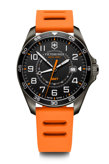 Koop Victorinox Fieldforce 241897 Horloge 42mm met oranje rubberen band en zwarte wijzerplaat met chronograaf. Swiss Made herenhorloge met datumfunctie.