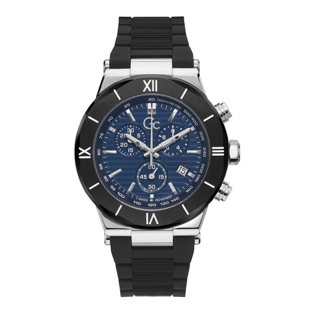 GC Herenhorloge - RVS Zilverkleurig, Zwarte Siliconen Band, Blauwe Wijzerplaat 41-45mm