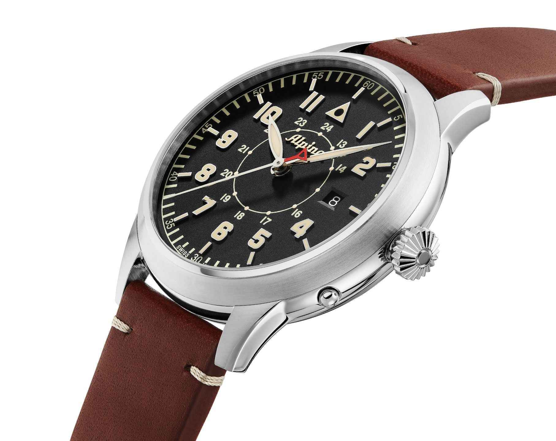 Alpina Startimer Herenhorloge 44mm Limited Edition met zwart wijzerplaat, beige cijfers en bruin lederen band, Swiss Made kwaliteit.
