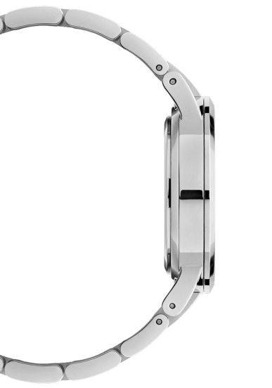 Zijaanzicht van het Daniel Wellington Iconic Link Capri Horloge 32mm DW00100541 met zilverkleurige schakelband, damesmodel in moderne stijl.