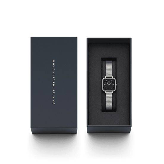 Daniel Wellington Quadro Studio DW00100522 kopen met zilveren mesh band en zwarte wijzerplaat. Elegant dames horloge voor elke gelegenheid.