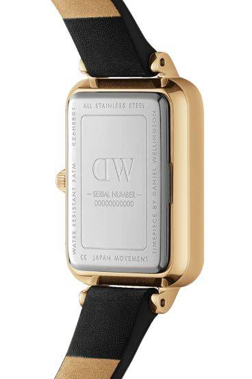 Achterkant van de Daniel Wellington Quadro Pressed Sheffield DW00100559 20mm dames horloge met goudkleurige kast en zwart leren bandje. Luxe afwerking zichtbaar.