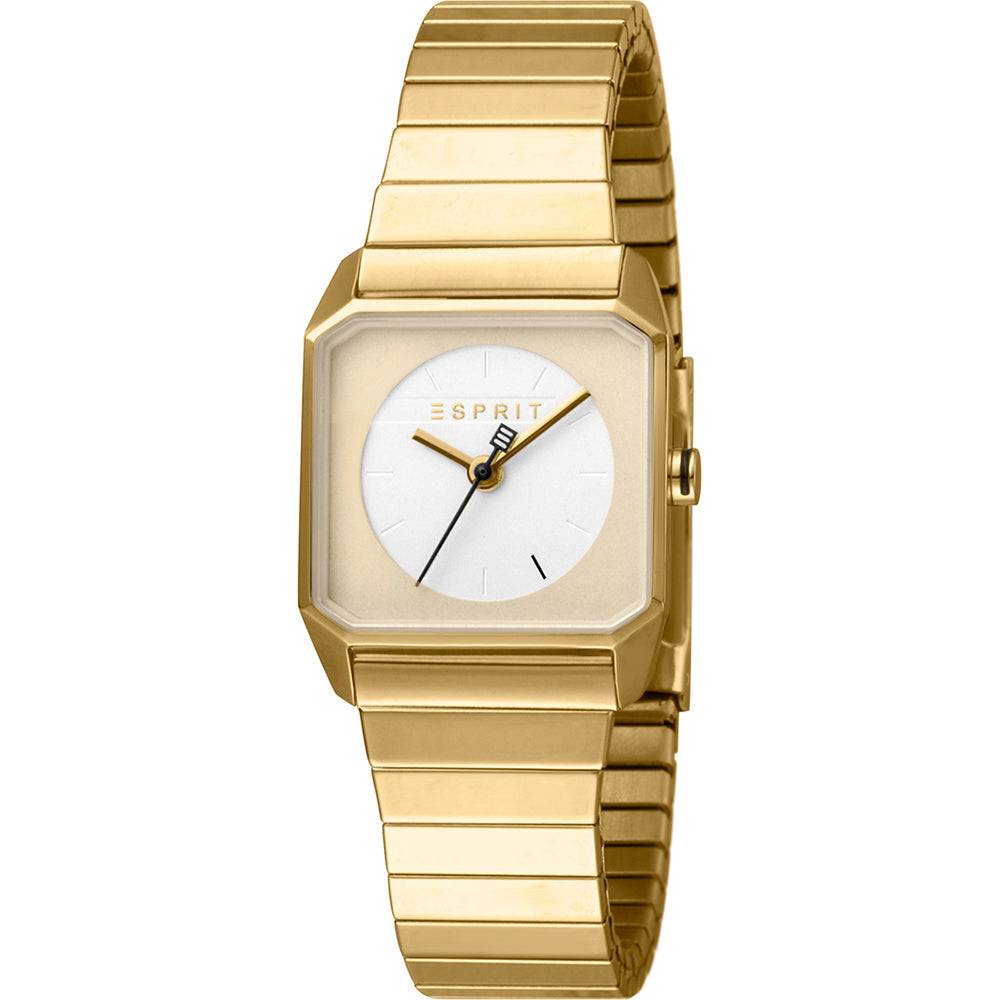 Esprit ES1L070E0075 Cube Mini dameshorloge 25mm met goudkleurige roestvrijstalen band en vierkante wijzerplaat, elegant en modern design.
