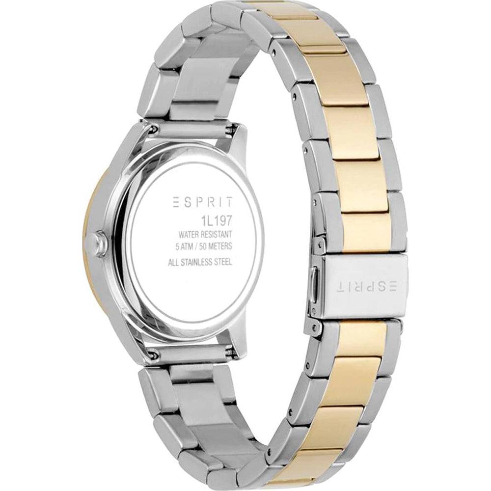 Esprit dameshorloge Daphne Crystals - ES1L197M0095 met roestvrijstalen band in zilver en goudkleur, waterdicht tot 50 meter.