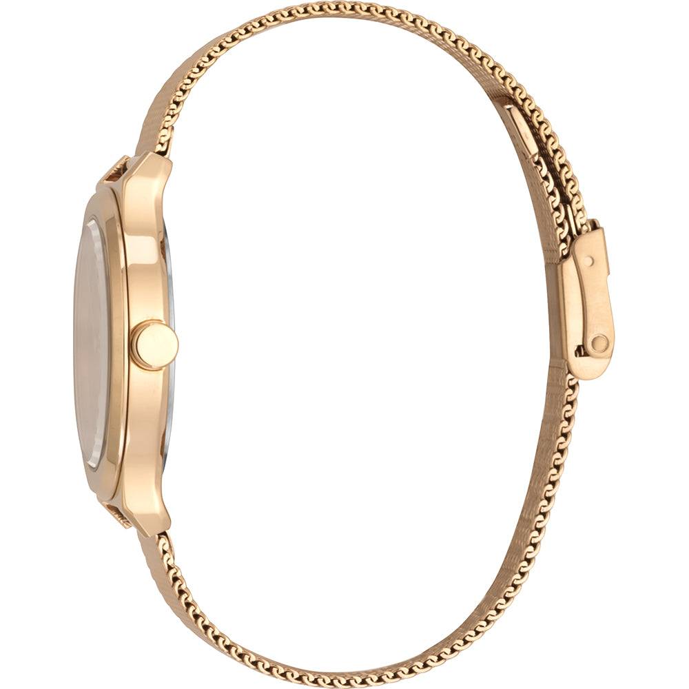 Esprit Magnolia Dameshorloge ES1L019M0095 met goudkleurige mesh band en minimalistische wijzerplaat, elegant accessoire voor dames.