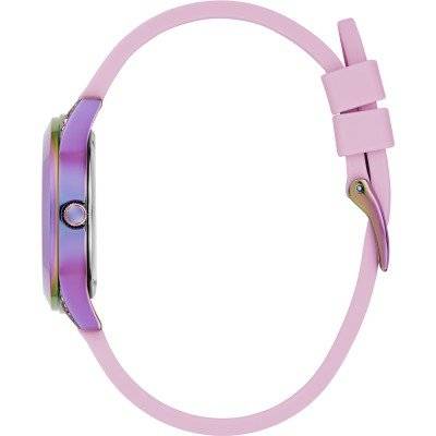 Guess Mini Wonderlust horloge 34mm GW0678L3 met roze siliconen band en kleurrijke kristallen wijzerplaat, perfect damesaccessoire.