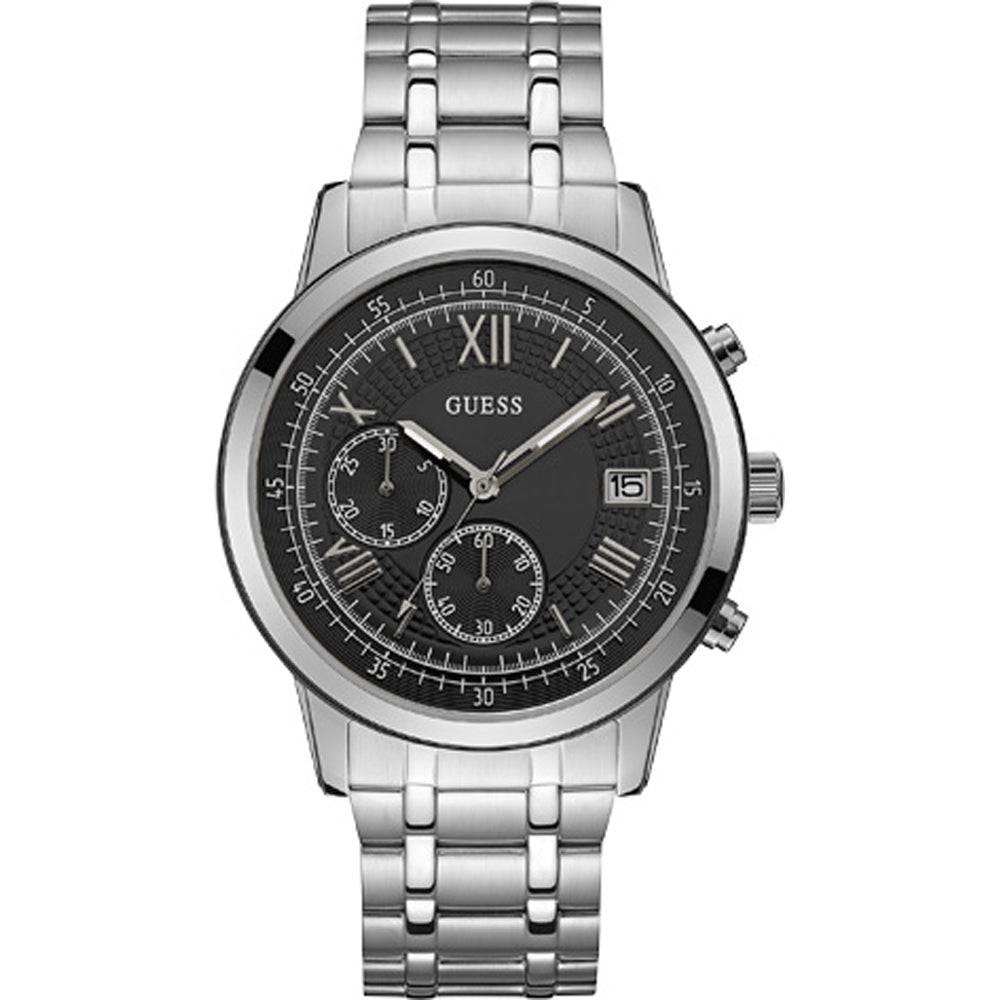 Guess W1001G4 Herenhorloge 44mm met zilverkleurige roestvrijstalen band en zwarte wijzerplaat, ideaal voor formele en casual gelegenheden.