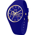 ICE cocorico 34mm dameshorloge in blauw met goudkleurige accenten en siliconen band, waterdicht tot 10 ATM, ideaal om mee te zwemmen.
