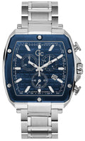 Gc Herenhorloge 44mm - Tonneau Z18002G5MF met blauwe wijzerplaat en zilverkleurige roestvrijstalen band, Swiss Made chronograaf.