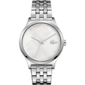 Lacoste LC2001147 dameshorloge met zilverkleurige roestvrijstalen band en parelmoer wijzerplaat. Elegant en tijdloos ontwerp voor elke gelegenheid.