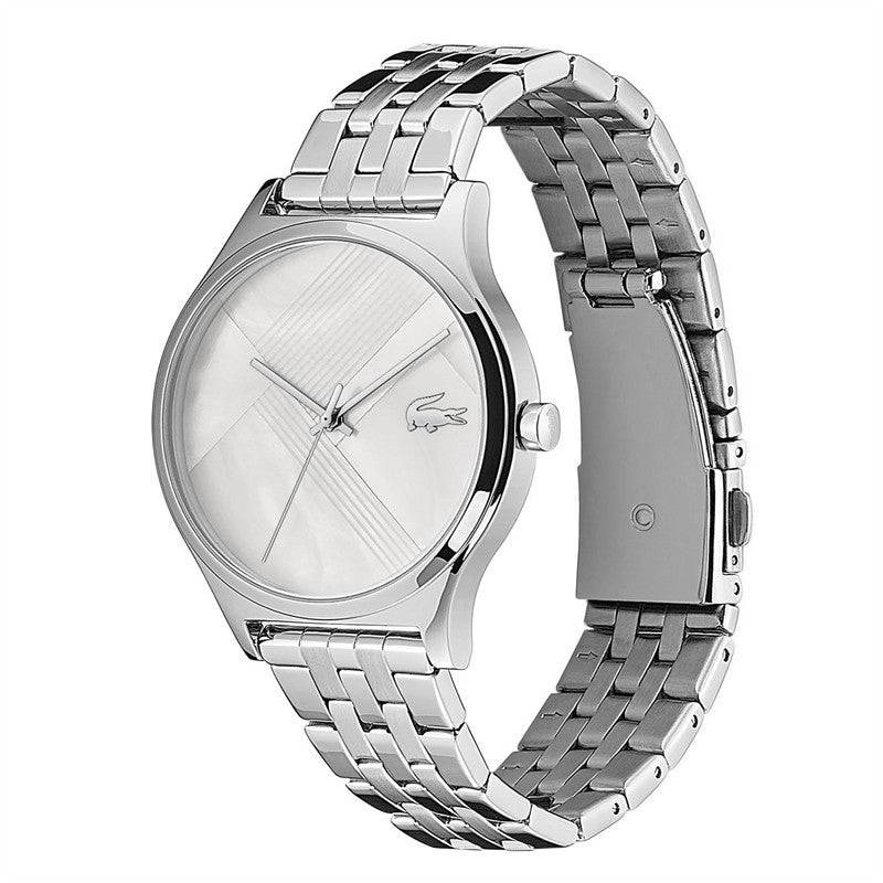 Lacoste LC2001147 dameshorloge met zilverkleurige roestvrijstalen band en parelmoer wijzerplaat. Elegant en tijdloos ontwerp voor elke gelegenheid.
